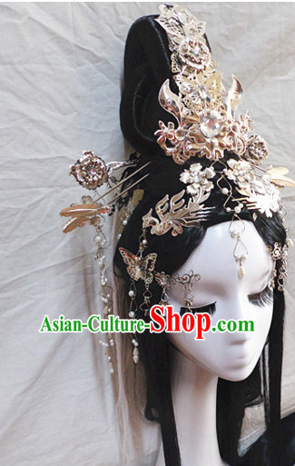 Chinese Classic Princess Fairy Long Black Wigs and Headwear Crowns Hats Headpiece Hair Accessories Jewelry Set