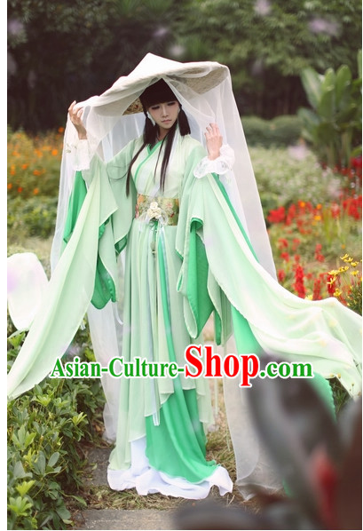 Top Grass Green Chinese Fairy Princess Hanfu Costumes Theater and Reenactment Costumes and Headgear Complete Set for Women