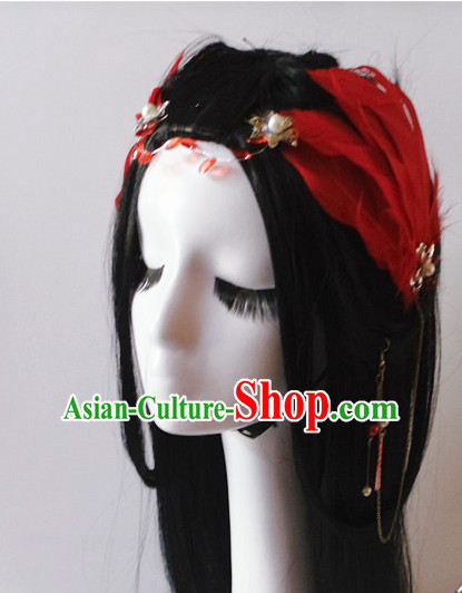 Red Chinese Classical Feather Hair Headwear Crowns Hats Headpiece Hair Accessories Jewelry Set