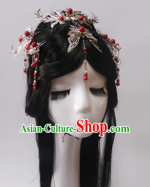 Red Chinese Classical Fairy Long Wigs and Headwear Crowns Hats Headpiece Hair Accessories Jewelry Set