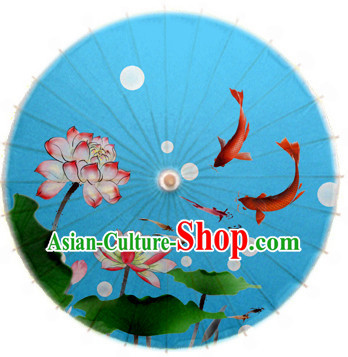 Blue Asian Dance Umbrella China Handmade Traditional Fish Umbrellas Stage Performance Umbrella Dance Props