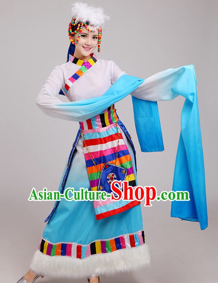 Chinese Folk Tibetan Dance Costume and Hat Complete Set for Women