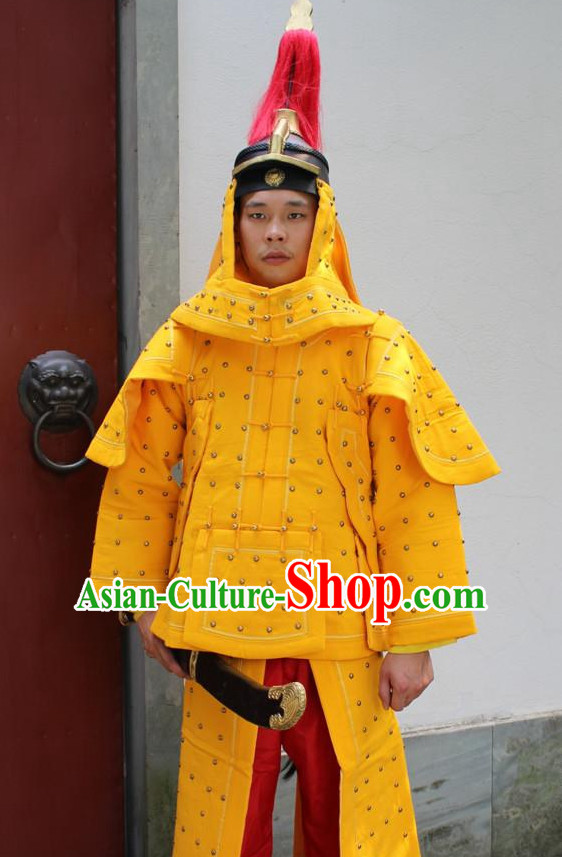 Yellow Chinese Qing Dynasty General White Armor Hanfu Dress Gown Costumes Ancient Costume Clothing Complete Set
