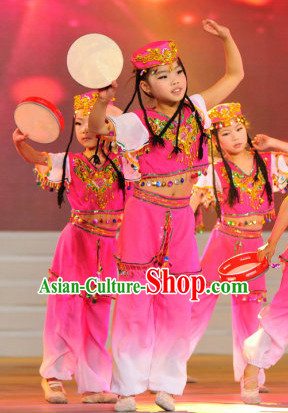 Chinese Xinjiang Minority Dance Costume Dance Costumes Fan Dance Umbrella Ribbon Fans Dance Fan Water Sleeve Costume for Women or Children