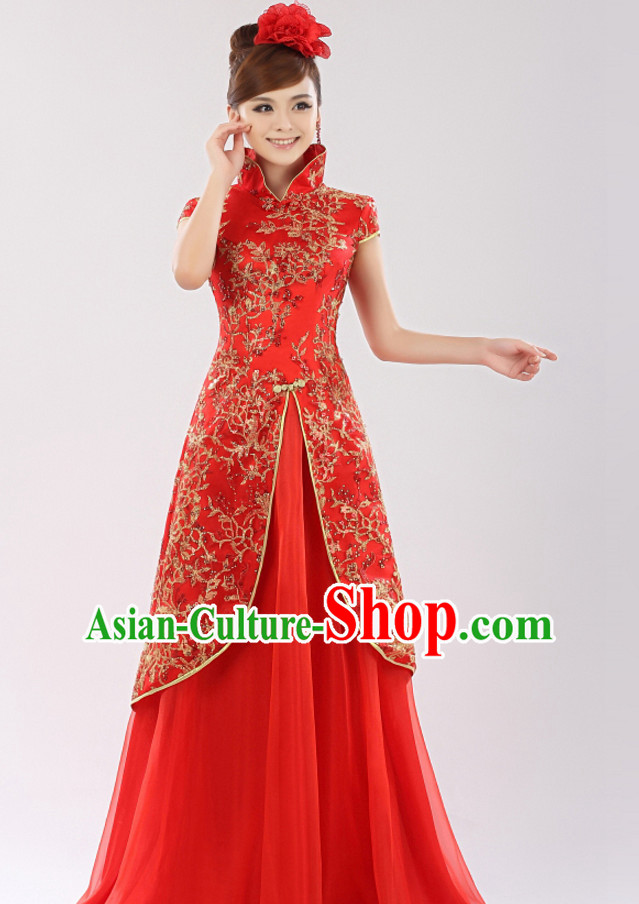 Chinese Traditional Long Evening High Collar Red Dress