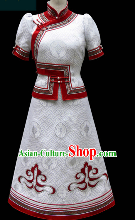 White Mongolian Minority Empress Mongol Mongolia Princess Clothing Ethnic Traditional Costumes Complete Set
