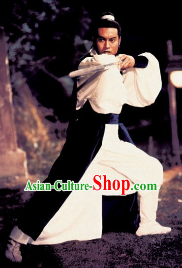 Chinese Ancient Jade Tiger Swordsman Clothing Knight Costumes and Bamboo Hat Complete Set for Men
