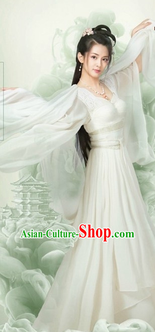 White Ancient Chinese Female Fairy Clothes Costumes Clothing and Hair Accessories Complete Set for Women
