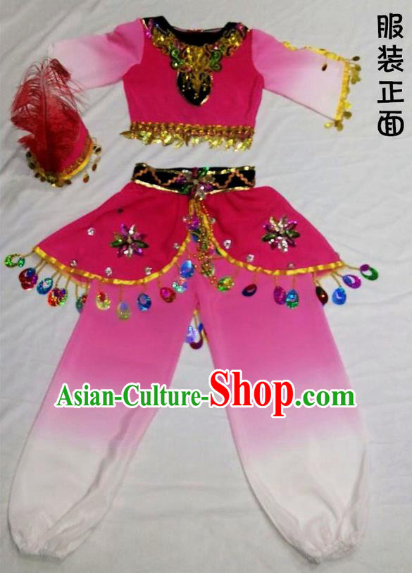 Traditional Chinese Yangge, Children Fan Dancing Wholesale Costume, Folk Dance Yangko Costume, Traditional Chinese Uyghur Nationality Dancewear for Kids