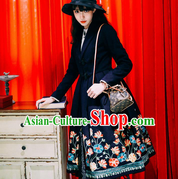 Traditional Classic Women Clothing, Traditional Classic Chinese Woolen Coat, Chinese Ancient Style Plate Buttons Embroidered Dust Coat for Women