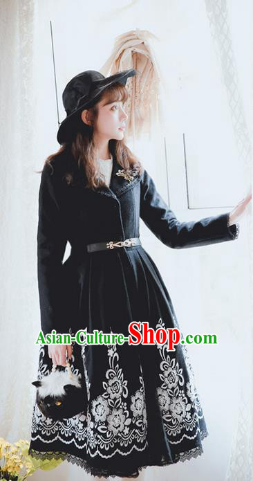 Traditional Classic Elegant Women Costume Embroidery Woolen Coat, Restoring Ancient Gothic Lapel Wool Dust Coat for Women