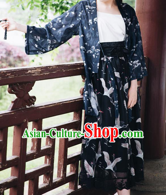 Traditional Japanese Restoring Ancient Kimono Costume Crane Bust Skirt, China Kimono Modified Crane Chiffon Long Skirt for Women