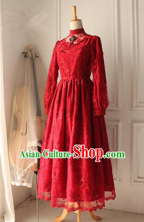 Traditional Classic Elegant Women Costume Palace One-Piece Dress, Restoring Ancient Gothic Princess Royal Lace Long Dress for Women