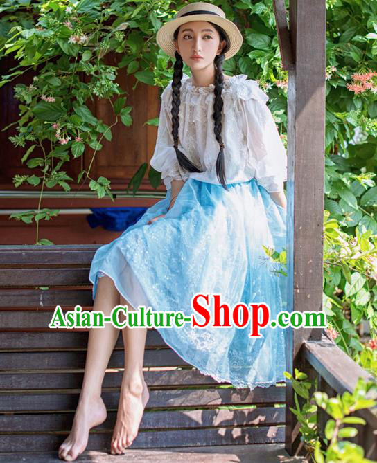 Traditional Classic Elegant Women Costume Bust Skirt, Restoring Ancient Princess Embroidery Lace Organza Giant Swing Skirt for Women