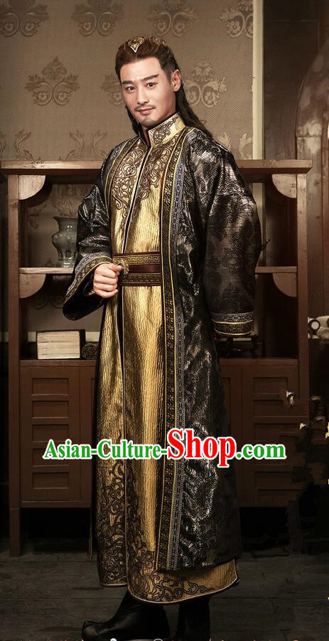Traditional Chinese Ancient Old Men Embroidered Costumes, Ancient Chinese Cosplay Majesty Swordsmen Knight Costume Complete Set for Men
