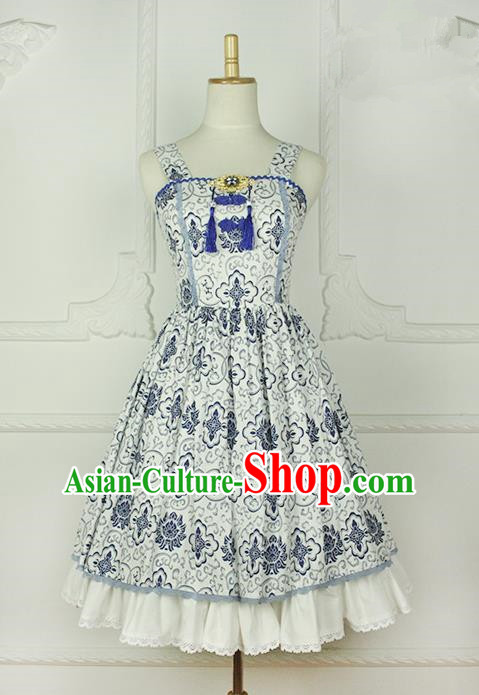 Traditional Classic Chinese Elegant Women Costume Blue and White Porcelain One-Piece Dress, Chinese Cheongsam Restoring Ancient Princess Braces Skirt for Women