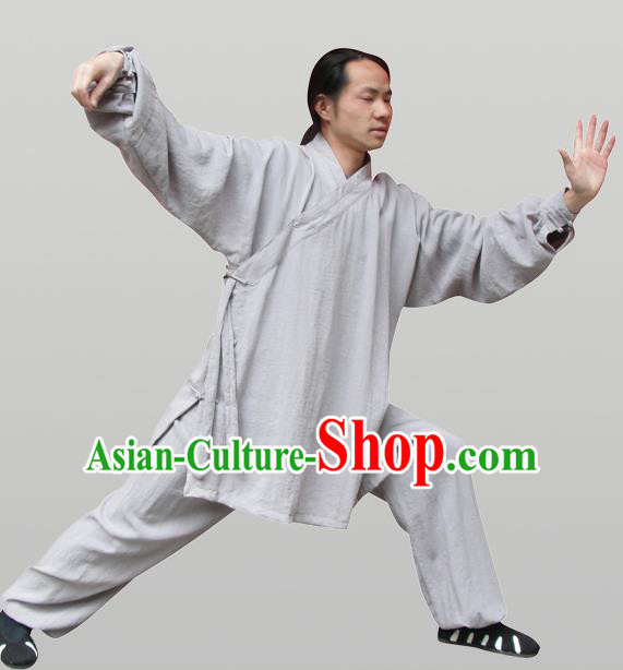 Traditional Chinese Wudang Uniform Taoist Uniform Thicken Linen Slant Opening Priest Frock Complete Set Kungfu Kung Fu Clothing Clothes Pants Slant Opening Shirt Supplies Wu Gong Outfits, Chinese Tang Suit Wushu Clothing Tai Chi Suits Uniforms for Men