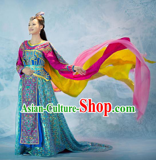 Traditional Chinese Minority Nationality Costumes Ancient Imperial Princess Wedding Costumes, Ancient Chinese Cosplay Queen Princess Costume and Hair Accessories Complete Set for Women