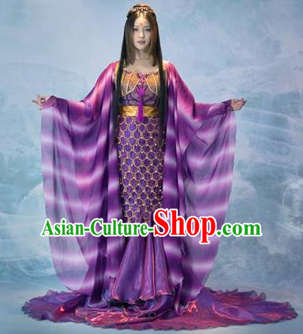 Traditional Chinese Minority Nationality Costumes Ancient Imperial Princess Wedding Costumes, Ancient Chinese Cosplay Queen Princess Fish Tail Costume and Hair Accessories Complete Set for Women