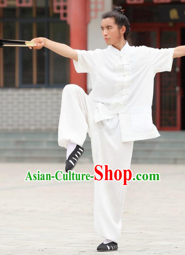 Traditional Chinese Wudang Uniform Taoist Uniform Priest Frock Complete Set Linen Kungfu Kung Fu Short Sleeve Clothing Clothes Pants Slant Opening Shirt Supplies Wu Gong Outfits, Chinese Tang Suit Wushu Clothing Tai Chi Suits Uniforms for Men