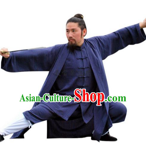 Traditional Chinese Wudang Uniform Taoist Uniform Linen Priest Frock Complete Set Kungfu Kung Fu Long Robe Clothing Clothes Pants Slant Opening Shirt Supplies Wu Gong Outfits, Chinese Tang Suit Wushu Clothing Tai Chi Suits Uniforms for Men