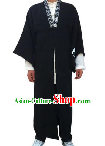 Traditional Chinese Yin Yang Wudang Mountain Taoist Clothes Linen Priest Frock Complete Set Kungfu Kung Fu Long Robe Clothing Slant Opening Shirt Supplies Wu Gong Outfits, Chinese Tang Suit Wushu Clothing Tai Chi Suits Uniforms for Men
