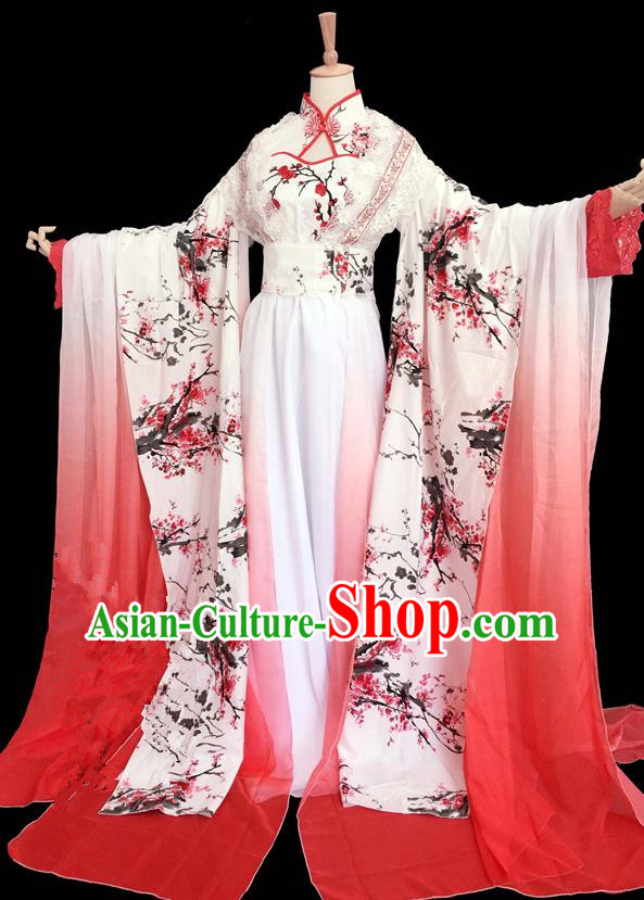Traditional Chinese Ancient Princess Ink Plum Blossom Costumes, Chinese Han Dynasty Imperial Princess Wedding Bride Embroidery Clothes Complete Set for Women