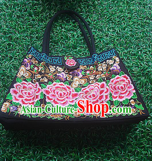 Traditional Chinese Miao Nationality Palace Handmade Double-Sided Embroidery Handbag Hmong Handmade Embroidery Canvas Bags for Women