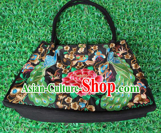 Traditional Chinese Miao Nationality Palace Handmade Double-Sided Embroidery Peacock Peony Handbag Hmong Handmade Embroidery Bags for Women