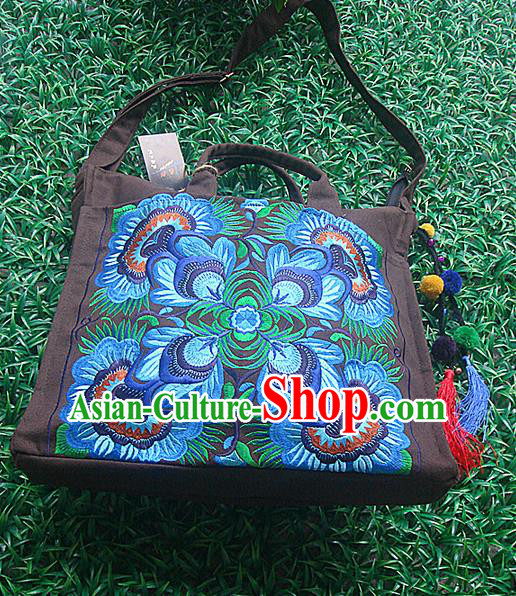Traditional Chinese Miao Nationality Palace Handmade Single-Sided Embroidery Peony Handbag Hmong Handmade Embroidery Canvas Bags for Women