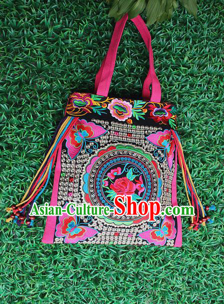 Traditional Chinese Miao Nationality Palace Handmade Single-Sided Embroidery Butterfly Peony Handbag Hmong Handmade Embroidery Canvas Single Shoulder Bags for Women