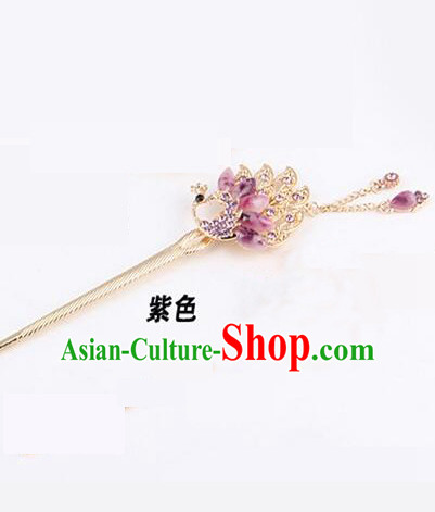 Korean Traditional Style Hairpins Bride Head Wear Up Do Tassels Bu Yao Peacock Spreading Tail Feathers Hair Clasp Purple