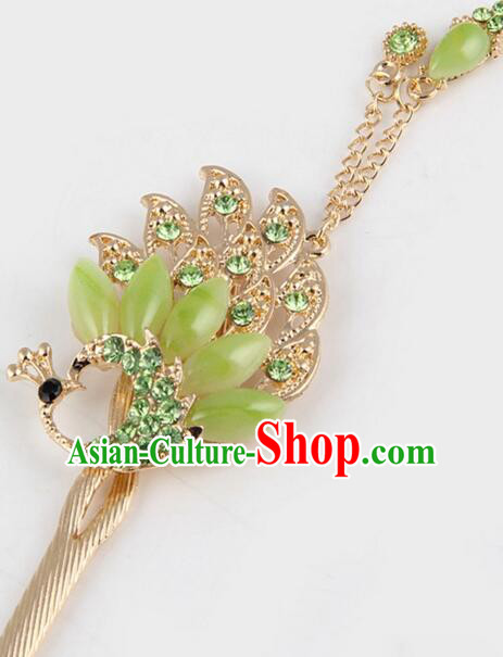 Korean Traditional Style Hairpins Bride Head Wear Up Do Tassels Bu Yao Peacock Spreading Tail Feathers Hair Clasp Green