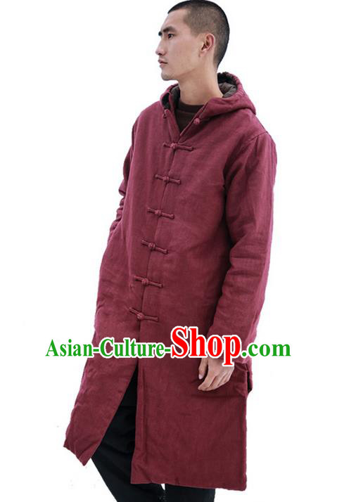 Chinese Hooded Cotton Linen Double-Breasted Tang Suit Plate Buttons Costumes, Chinese Style Ancient Thick Cotton Wadded Robe Hanfu Male Winter Long Coat