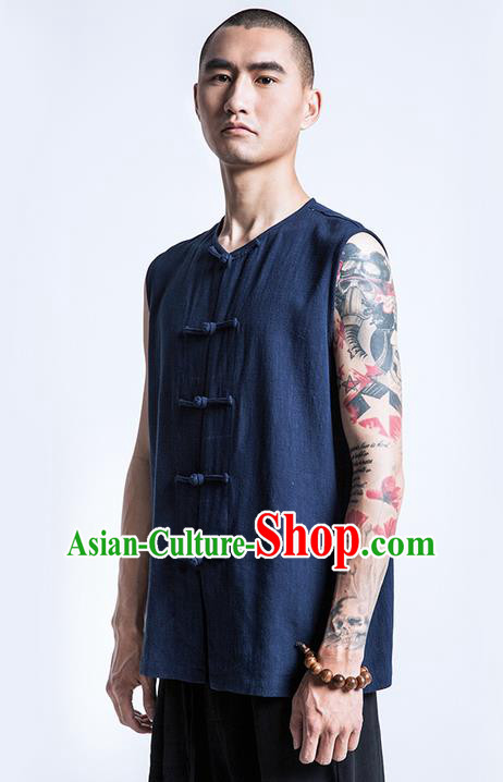 Traditional Chinese Linen Tang Suit Men Costumes Vest, Chinese Ancient Tangsuit Hanfu Plate Buttons Sleeveless Vests for Men