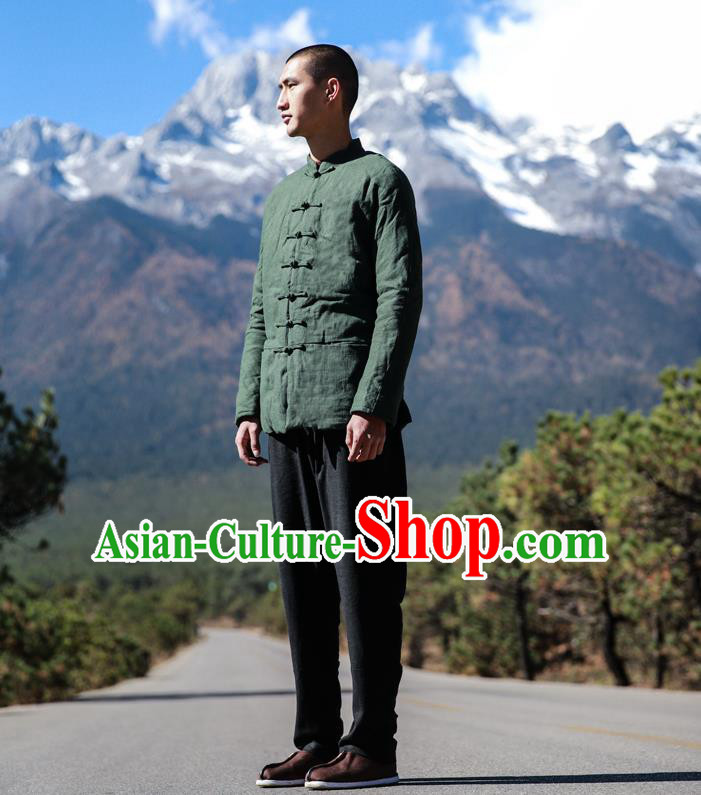 Traditional Chinese Linen Tang Suit Men Costumes, Chinese Ancient Thicken Cotton-Padded Jacket, Front Opening Brass Buttons Cotton Wadded Robe for Men