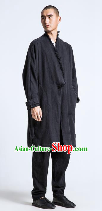 Traditional Chinese Linen Tang Suit Men Costumes, Hanfu Men Suits, Chinese Ancient Linen Fur Coat Hanfu Zen Suit Dust Coat for Men