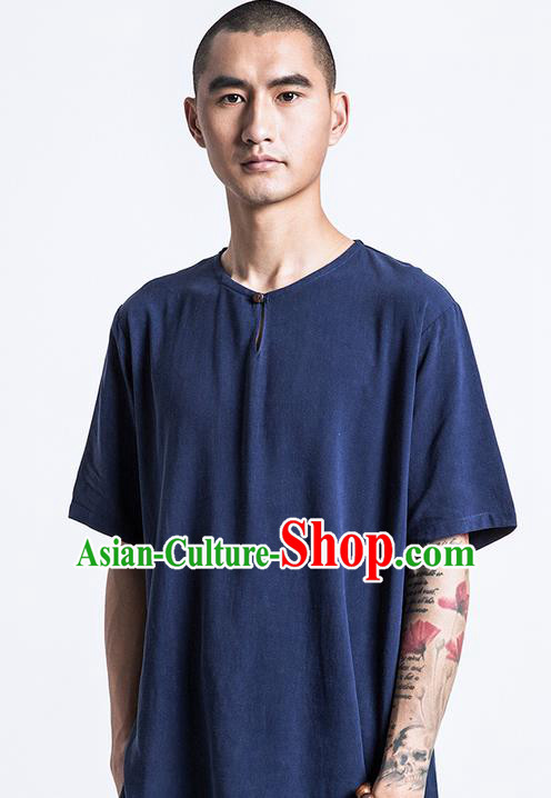 Traditional Chinese Linen Tang Suit Men Costumes, Chinese Ancient Coconut Buttons Short Sleeved T-Shirt Costume for Men