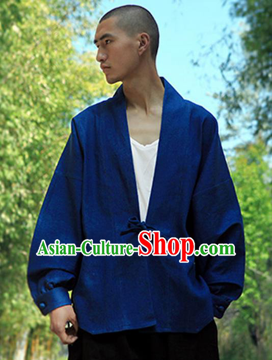 Traditional Chinese Jean Tang Suit Men Costumes Coat, Chinese Bandhnu Hanfu, Chinese Ancient Double Jean Linen Jacket for Men