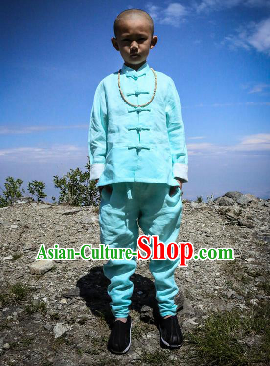 Traditional Chinese Linen Tang Suit Children Costumes, Hanfu Boys Suits, Chinese Ancient Front Opening Brass Buttons Long Sleeved Shirt and Pants Costume for Kids