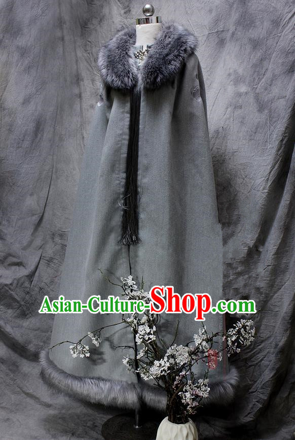 Chinese Ancient Cosplay Costumes Cloak, Chinese Traditional Embroidered Royal Prince Fur Collar Cloak, Ancient Chinese Cosplay Swordsman Knight Cloak for Men