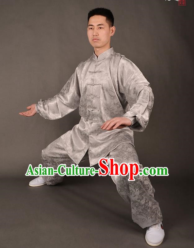 Traditional Chinese High-Grade Dragon South Korea Silk Kung Fu Costume Martial Arts Kung Fu Training Uniform Tang Suit Gongfu Shaolin Wushu Clothing Tai Chi Taiji Teacher Suits Uniforms for Men