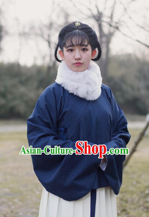 Traditional Chinese Ming Dynasty Young Lady Embroidered Costume Navy Cotton-Padded Jacket, Asian China Ancient Hanfu Blouse for Women