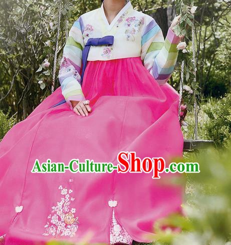 Traditional Korean Costumes Princess Yellow Blouse and Pink Dress, Asian Korea Hanbok Court Embroidered Clothing for Women