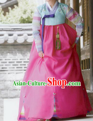 Traditional Korean Costumes Imperial Consort Wedding Blue Blouse and Pink Dress, Asian Korea Hanbok Court Bride Embroidered Clothing for Women