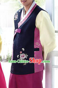 Traditional Korean Costumes Bridegroom Formal Attire Ceremonial Navy Cloth, Asian Korea Hanbok Embroidered Clothing for Men