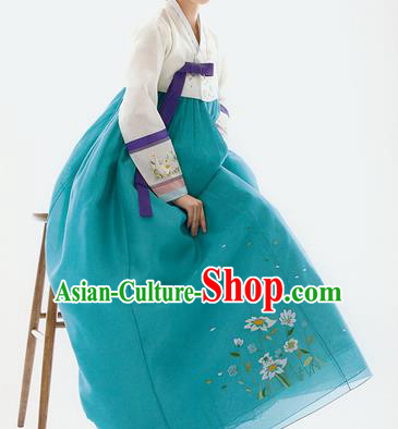 Traditional Korean Costumes Palace Lady Formal Attire Ceremonial White Blouse and Green Dress, Asian Korea Hanbok Bride Embroidered Clothing for Women