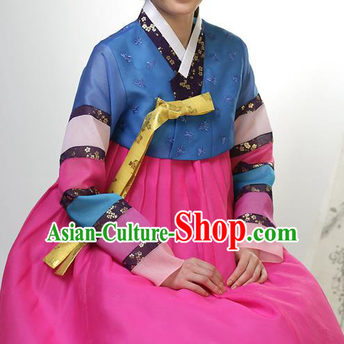 Traditional Korean Costumes Palace Lady Formal Attire Ceremonial Blue Blouse and Dress, Asian Korea Hanbok Bride Embroidered Clothing for Women