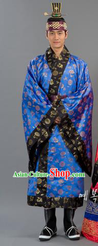Traditional Korean Costumes Bridegroom Formal Attire Ceremonial Blue Cloth, Asian Korea Emperor Hanbok Embroidered Clothing for Men