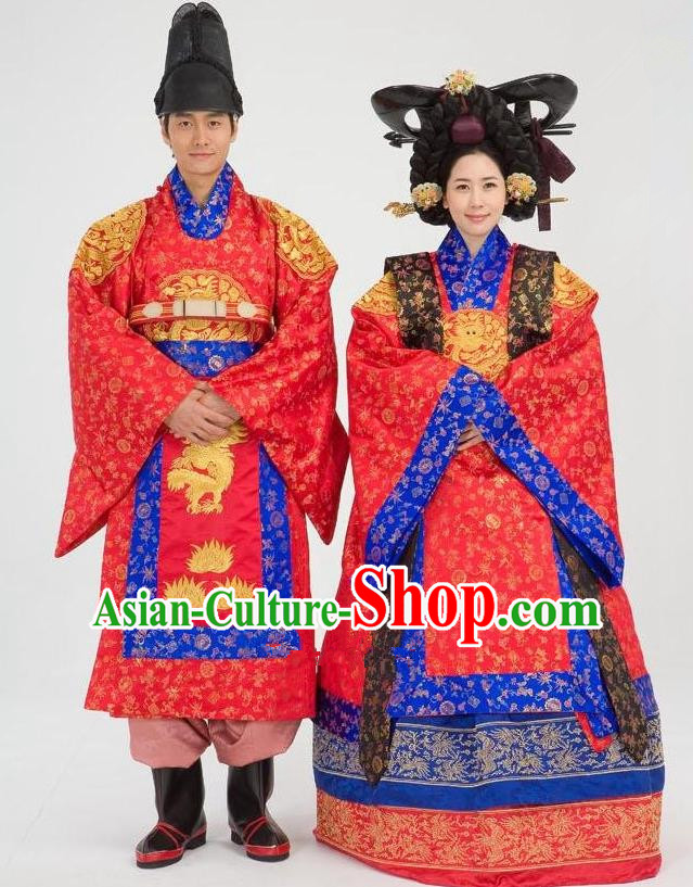 Traditional Korean Costumes Emperor and Empress Formal Attire Ceremonial Wedding Red Clothing, Asian Korea Hanbok Embroidered Clothing for Women for Men